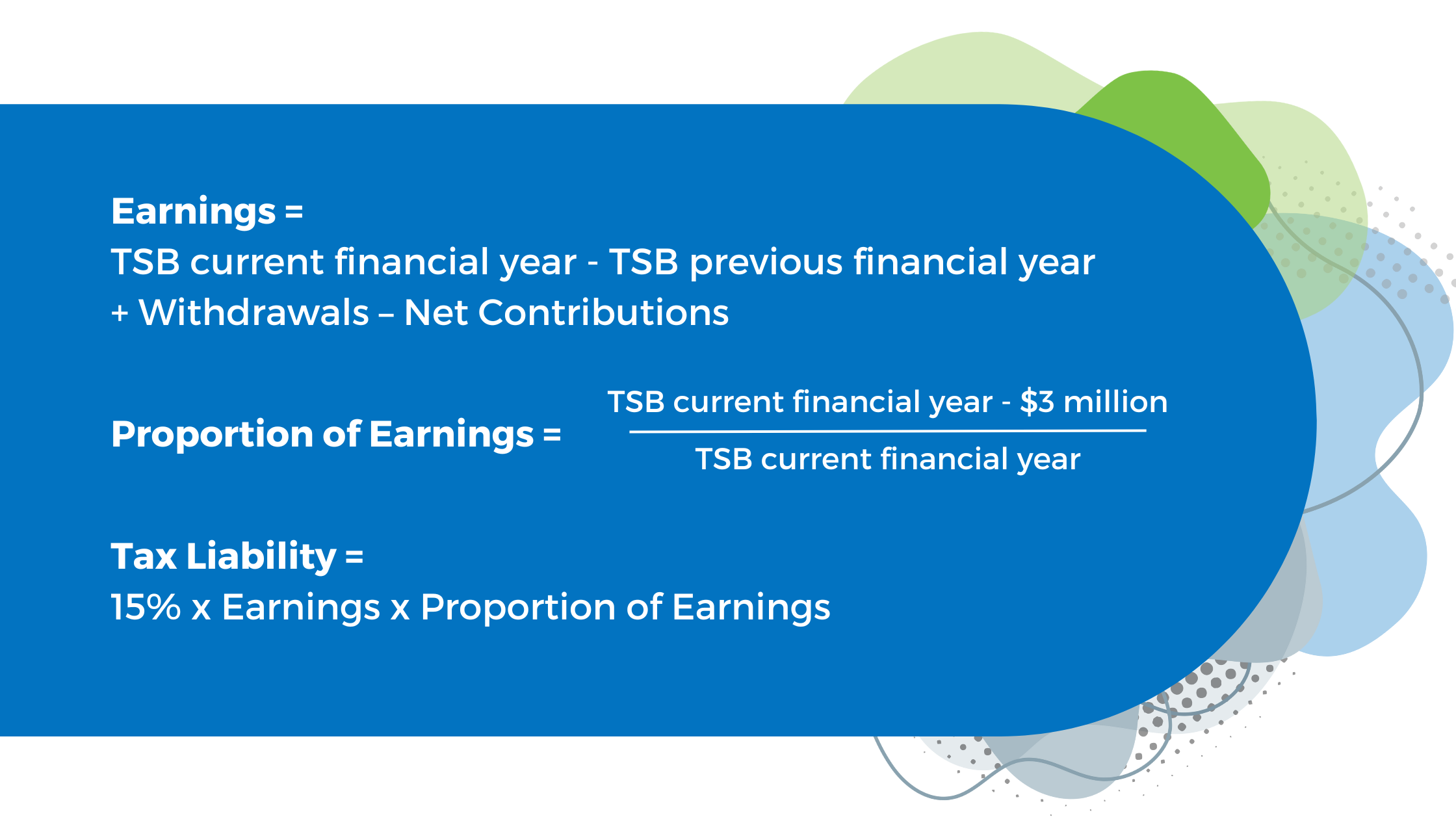 1.Earnings = TSB current financial year - TSB previous financial year + Withdrawals – Net Contributions 2.Proportion of Earnings = 3.Tax Liability = 15% x Earnings x Proportion of Earnings